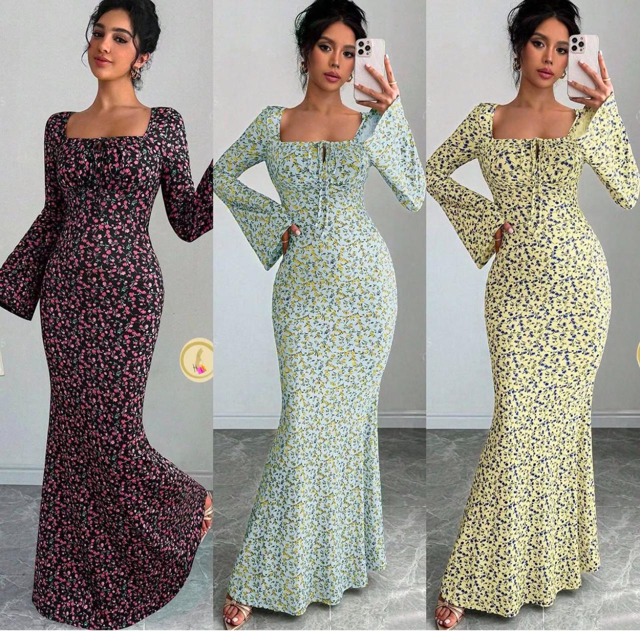 Boho Floral Print Maxi Dress with Flared Sleeves – Mermaid Fit Long Bodycon Dress for Women