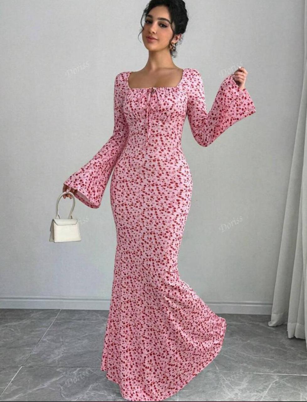 Boho Floral Print Maxi Dress with Flared Sleeves – Mermaid Fit Long Bodycon Dress for Women