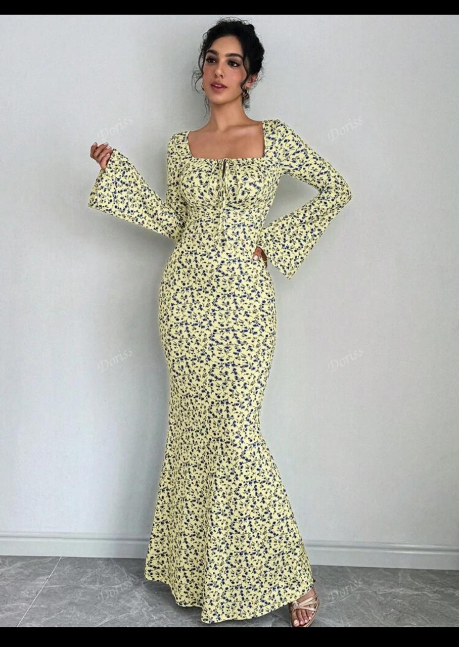 Boho Floral Print Maxi Dress with Flared Sleeves – Mermaid Fit Long Bodycon Dress for Women