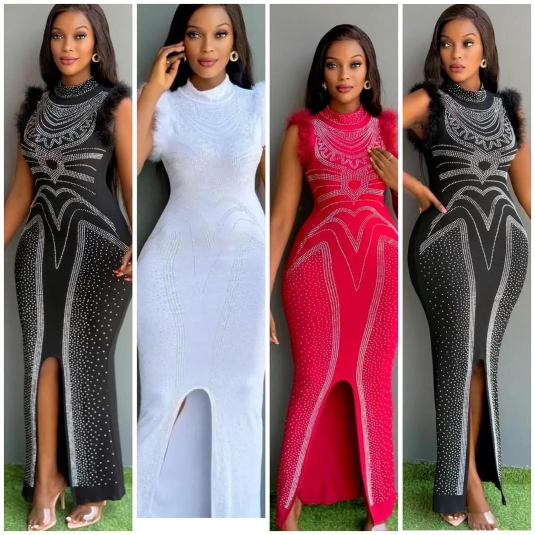 Elegant Women's Sleeveless High Neck Crystal Beaded Bodycon Maxi Dress with Front Slit – Figure-Hugging Party Gown with Feather Shoulder Detail – Available in Black, White, and Red for Evening Events