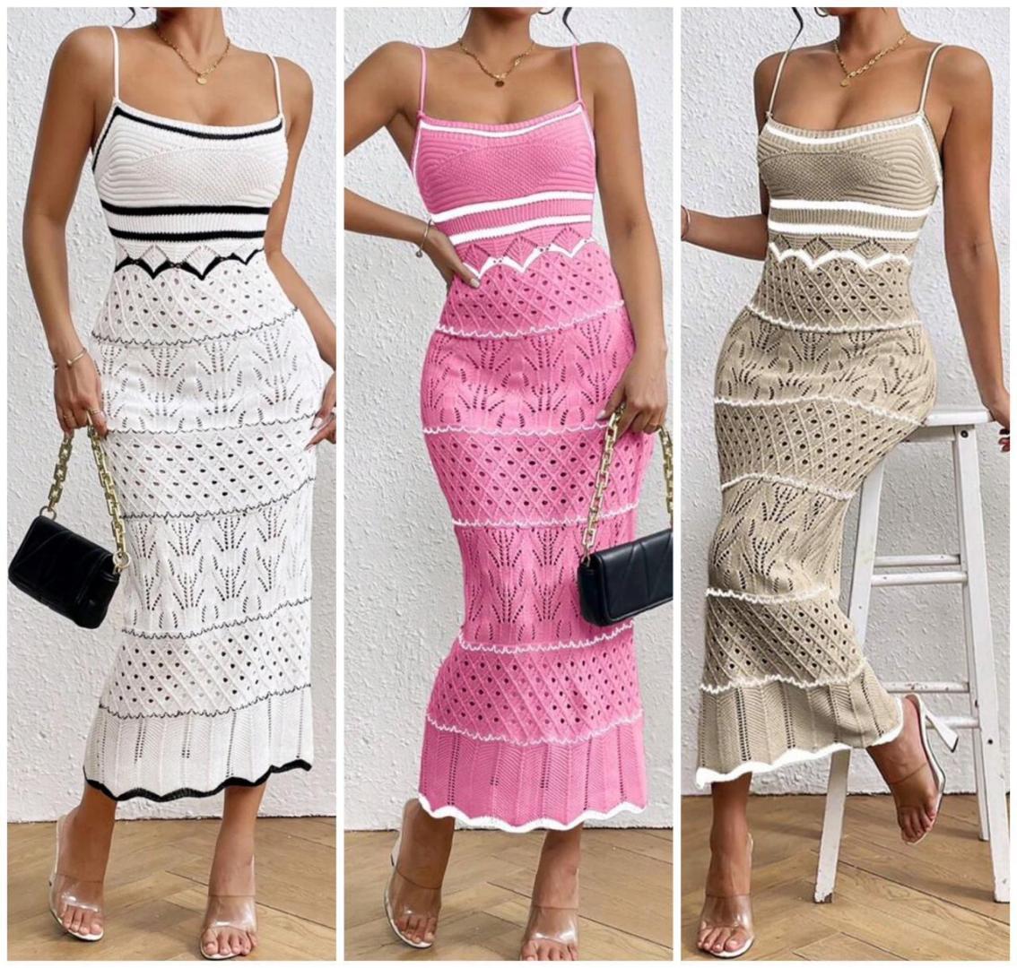Women's Elegant Crochet Knit Bodycon Maxi Dress – Sleeveless Spaghetti Strap Colorblock Hollow Out Summer Beach Party Dress – Slim Fit Stretchy Boho Style for Vacation, Club, or Casual Wear