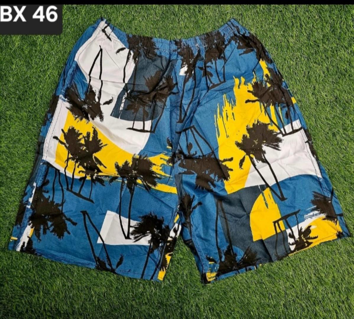 Tropical Vibes Boys' Beach Shorts – Colorful Blue, Yellow & White Abstract Design with Palm Tree Print – Lightweight, Quick-Dry, Elastic Waist Summer Swimwear for Kids & Teens
