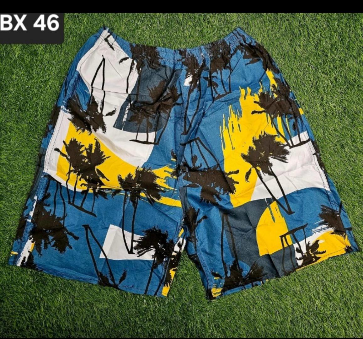 Tropical Vibes Boys' Beach Shorts – Colorful Blue, Yellow & White Abstract Design with Palm Tree Print – Lightweight, Quick-Dry, Elastic Waist Summer Swimwear for Kids & Teens