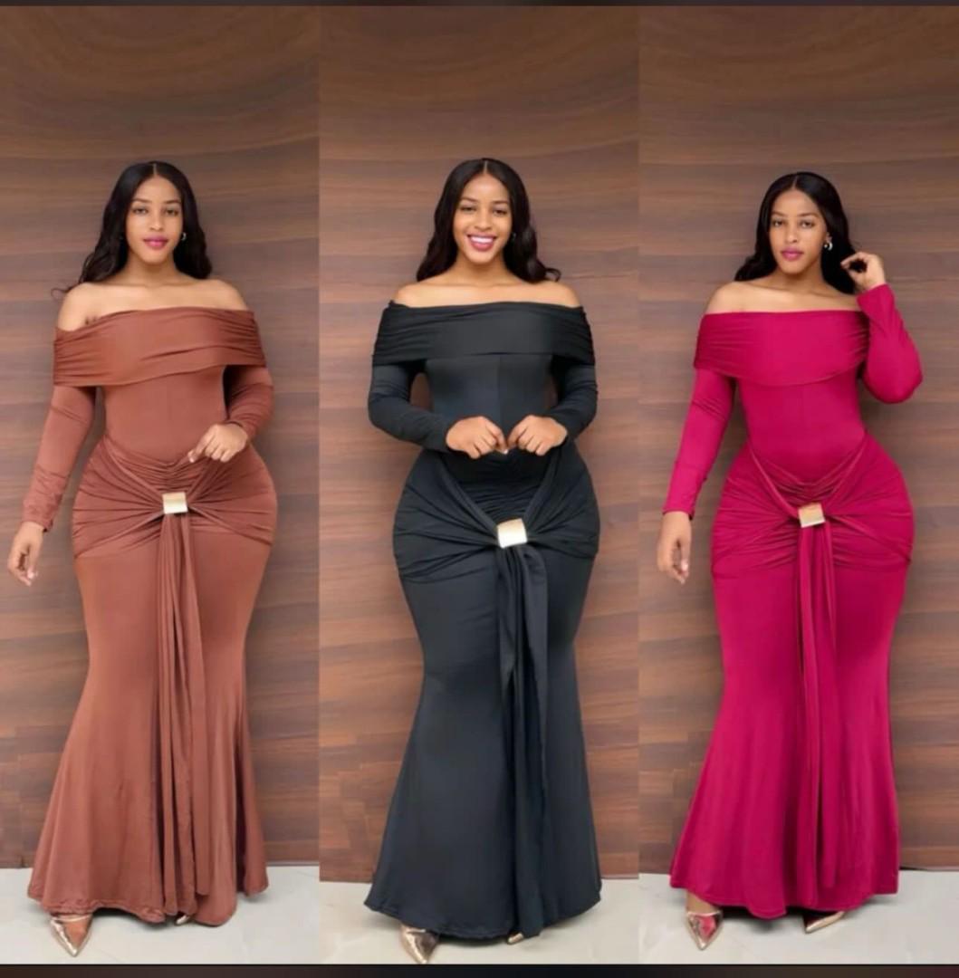 Elegant Off-Shoulder Maxi Dress for Women – Long Sleeve Bodycon Evening Gown with Front Tie Knot & Gold Accent – Available in Wine Red, Black & Mocha Brown – Sizes S to XXL