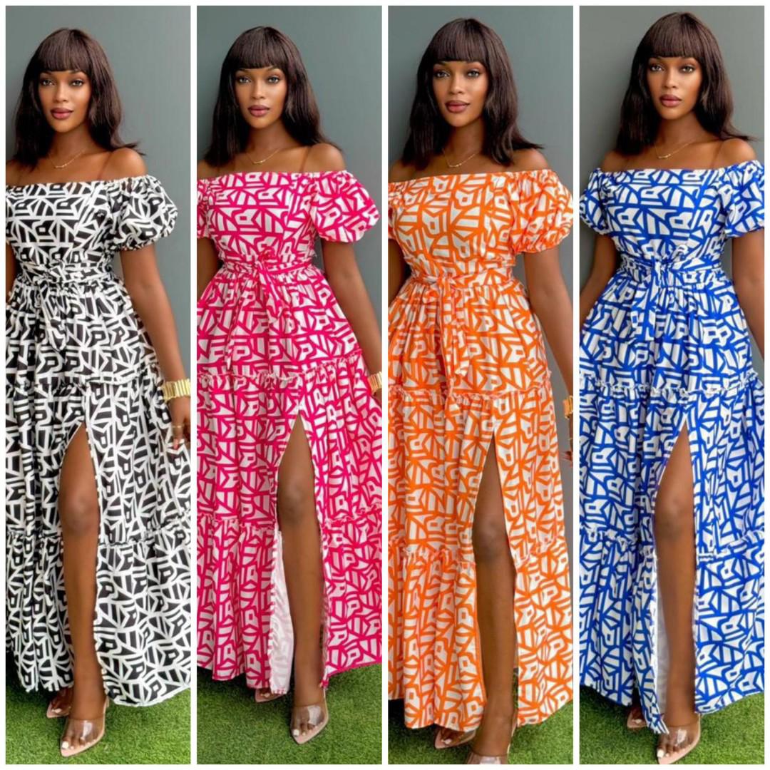 Elegant Off-Shoulder African Maxi Dress for Women – Vibrant Orange & White Geometric Print, High Slit, Puff Sleeves, Summer Boho Style, Waist Tie, Casual & Party Wear Outfit