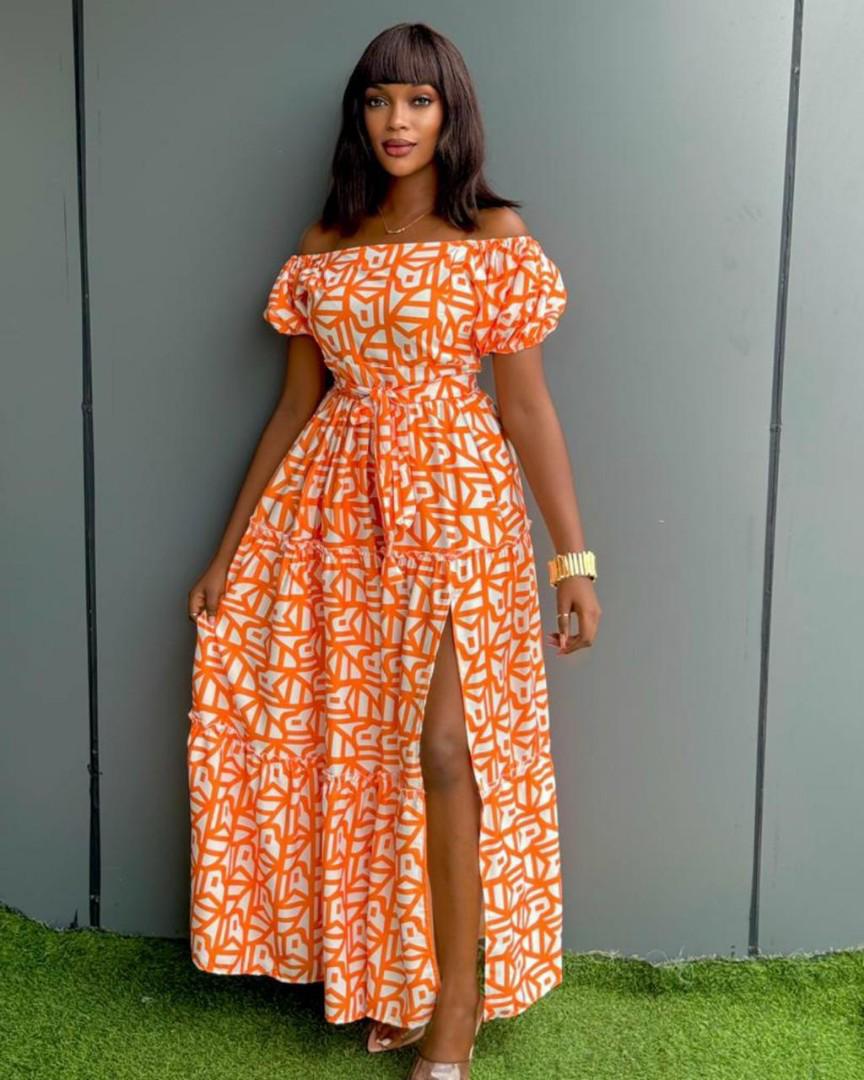 Elegant Off-Shoulder African Maxi Dress for Women – Vibrant Orange & White Geometric Print, High Slit, Puff Sleeves, Summer Boho Style, Waist Tie, Casual & Party Wear Outfit