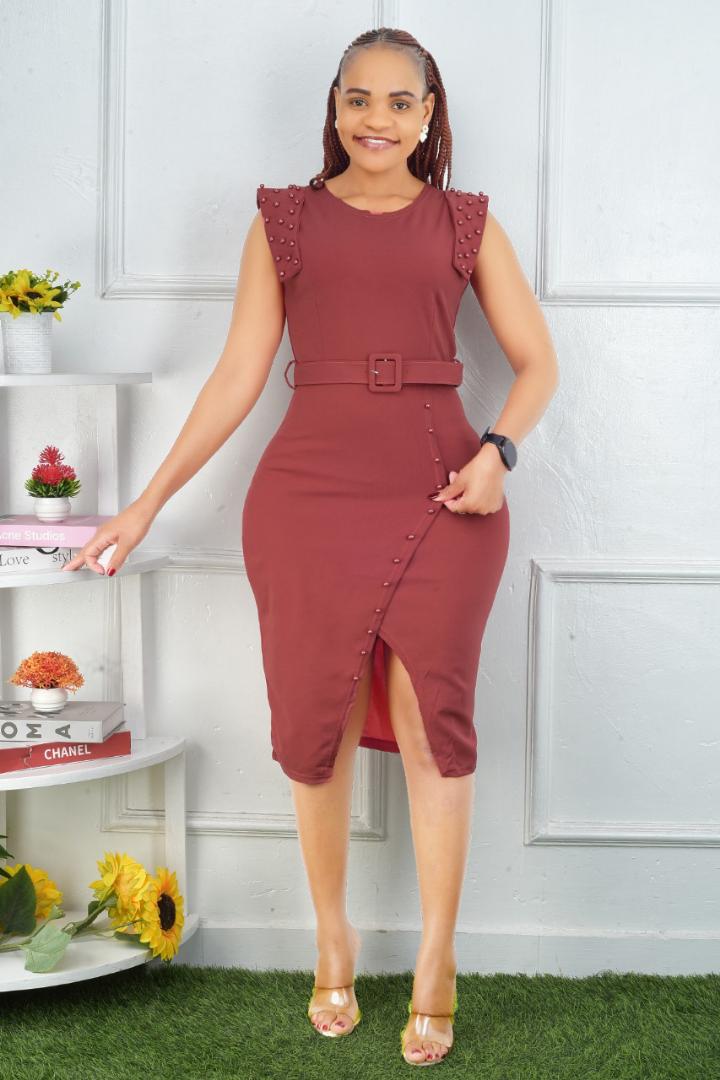 Women's Elegant Red Bodycon Midi Dress – Belted Waist with Side Button Detail and Split Hem | Sleeveless Design with Embellished Shoulders | Perfect for Work, Events, Dinner & Special Occasions
