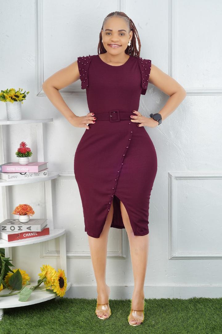Women's Elegant Red Bodycon Midi Dress – Belted Waist with Side Button Detail and Split Hem | Sleeveless Design with Embellished Shoulders | Perfect for Work, Events, Dinner & Special Occasions