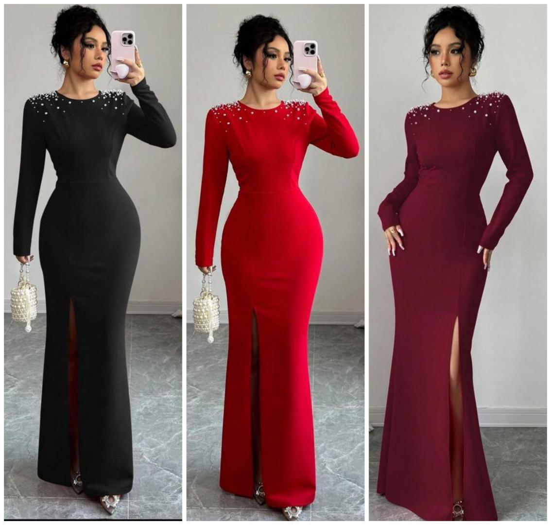 Elegant Long Sleeve Bodycon Evening Maxi Dress with Pearl Embellishments and Front Slit – Formal Gown for Women in Black, Red, and Burgundy – Perfect for Parties, Weddings, and Special Events