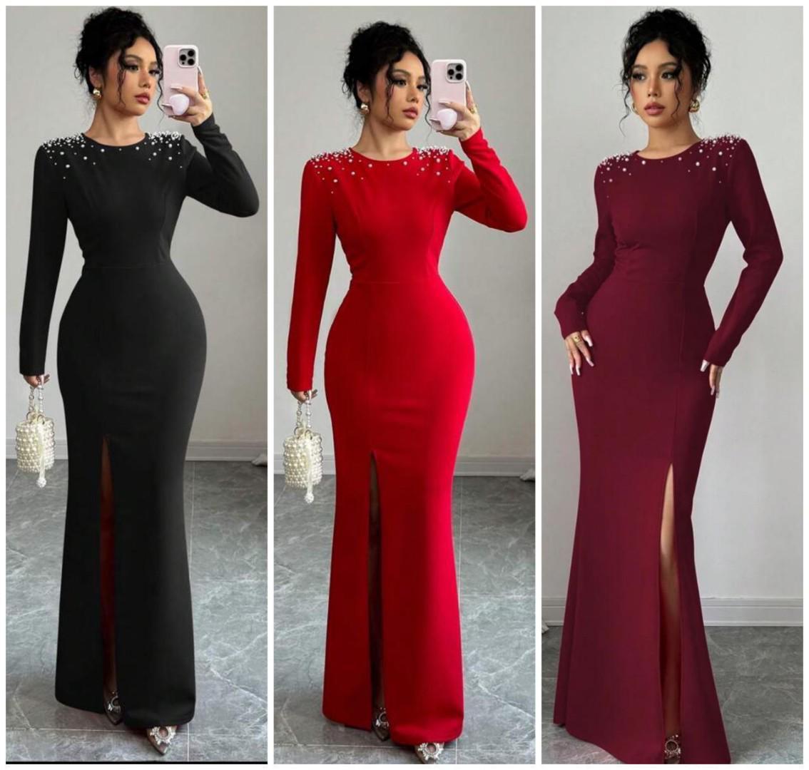 Elegant Long Sleeve Bodycon Evening Maxi Dress with Pearl Embellishments and Front Slit – Formal Gown for Women in Black, Red, and Burgundy – Perfect for Parties, Weddings, and Special Events