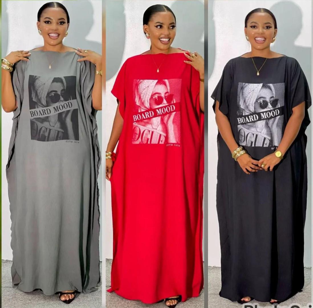 Elegant Loose-Fit Graphic Kaftan Dress for Women – BOARD MOOD OGLE Printed Maxi Gown with Short Sleeves, Modest Free Size Abaya Style Outfit for Casual, Lounge, Travel & Summer Wear