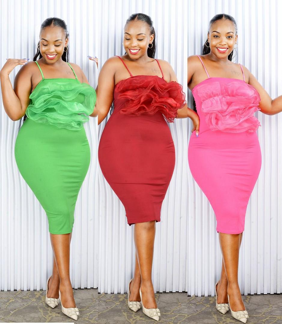 GlamRuffle Luxe Bodycon Dress – Elegant Ruffled Layered Midi Dress for Women | Bold Statement Fashion in Green, Red & Pink | Perfect for Parties, Weddings, Events & Special Occasions