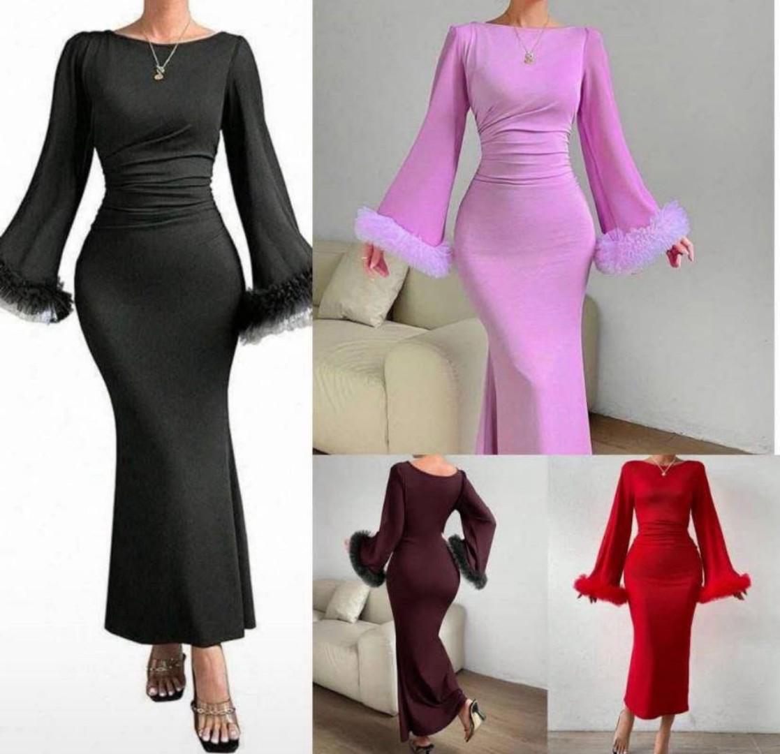 Elegant Long Sleeve Maxi Dress for Women – Slim Fit Bodycon Gown with Feathered Cuff Sleeves and Ruched Waist – Stunning Fashion Piece for Parties, Dates, Dinners, Weddings & Special Occasions