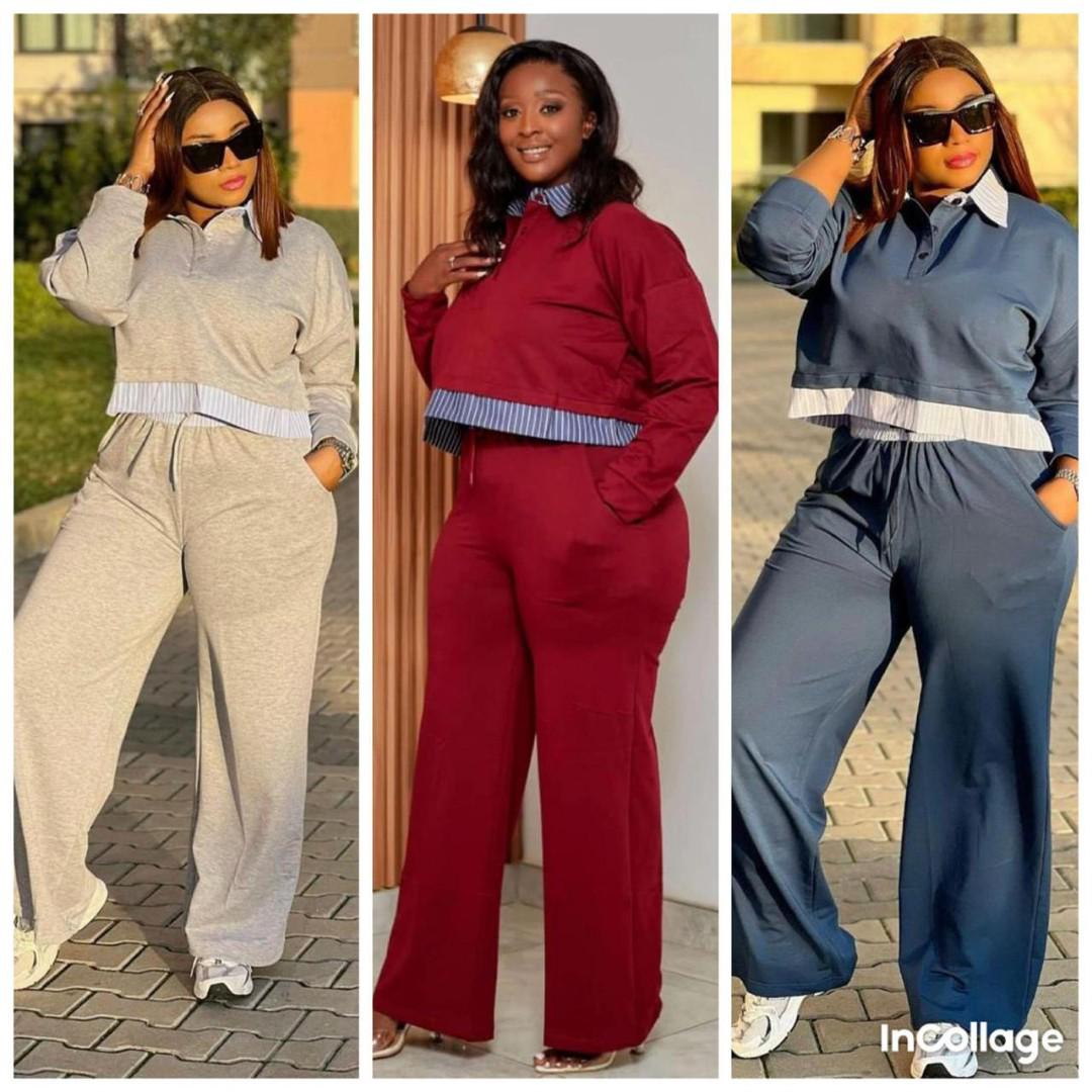 Chic Women’s 2-Piece Set – Long Sleeve Pullover Top with Stylish Shirt Collar & Pleated Hem Detail + Matching High-Waist Wide-Leg Pants – Comfy, Trendy & Versatile Outfit for Casual, Travel, or Street