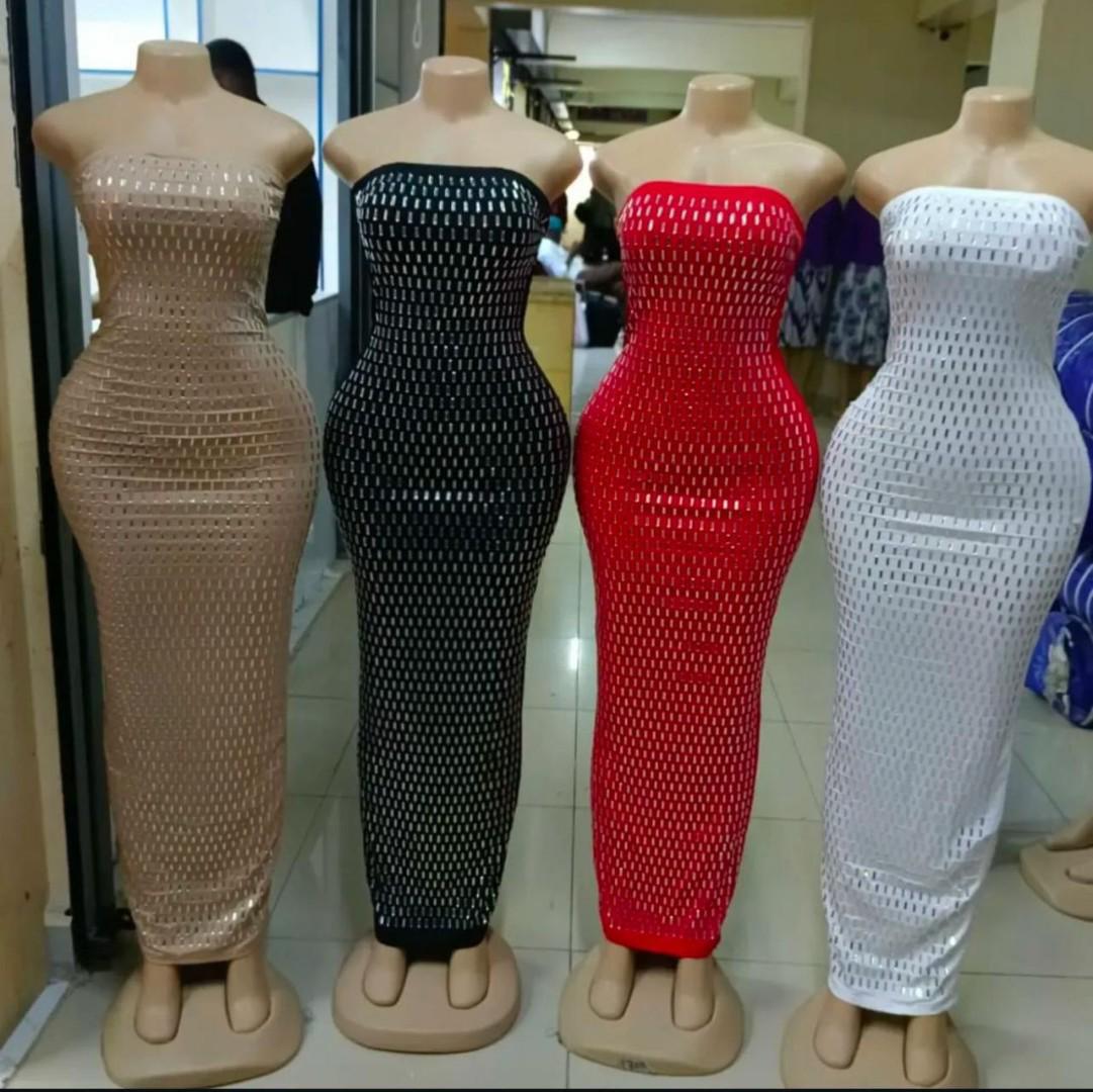 Glam Luxe Curve Hugging Strapless Maxi Mesh Dress – Sexy Bodycon Evening Gown with Elegant Hollow Out Detailing, Available in Nude, Black, Red, and White for Club, Party, and Special Occasions