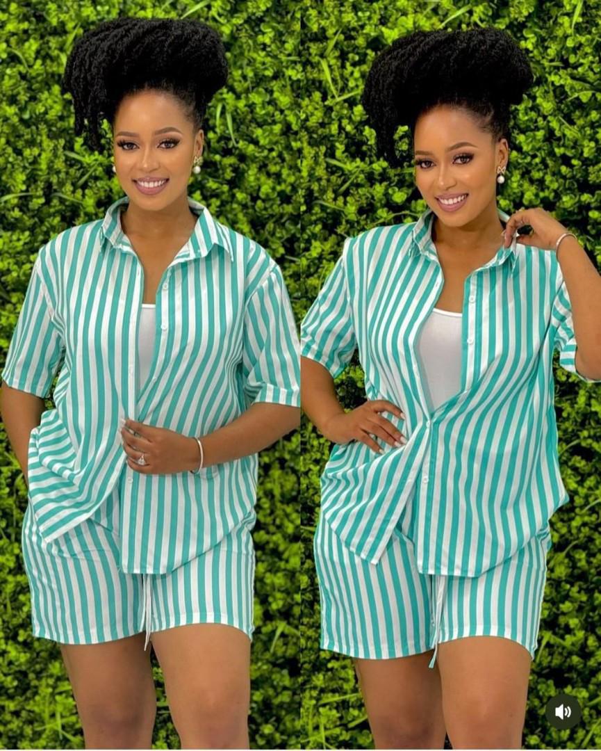Trendy Women’s 2-Piece Summer Set – Green & White Vertical Stripe Short-Sleeve Button-Up Shirt with Matching Elastic-Waist Drawstring Shorts – Lightweight, Comfy & Stylish Outfit for Casual or Vacatio