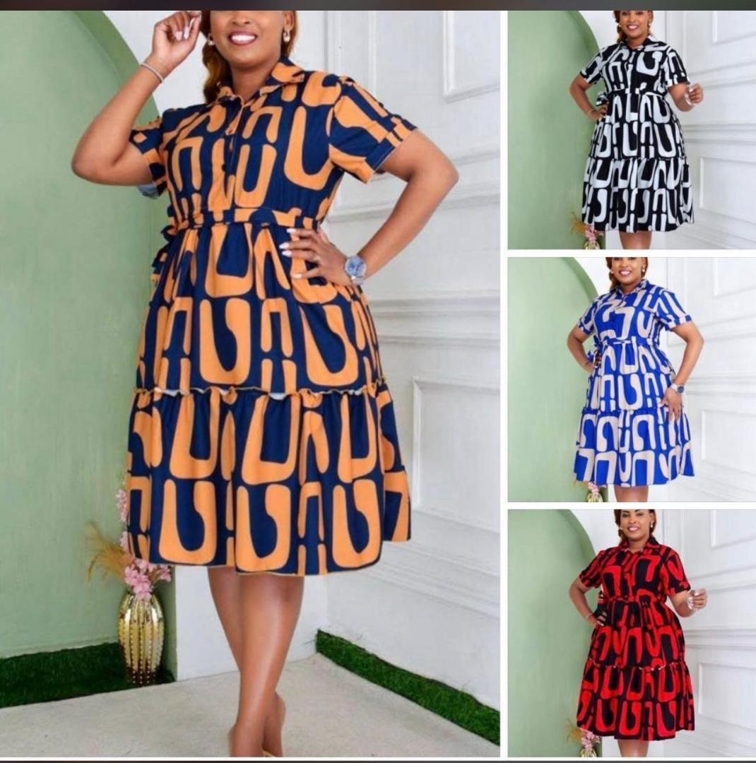 Elegant Women’s Short Sleeve Shirt Dress – Bold Print Tiered Midi Gown with Button Front & Pockets, Available in Black, Blue, Red, and Orange for Casual, Office & Party Wear