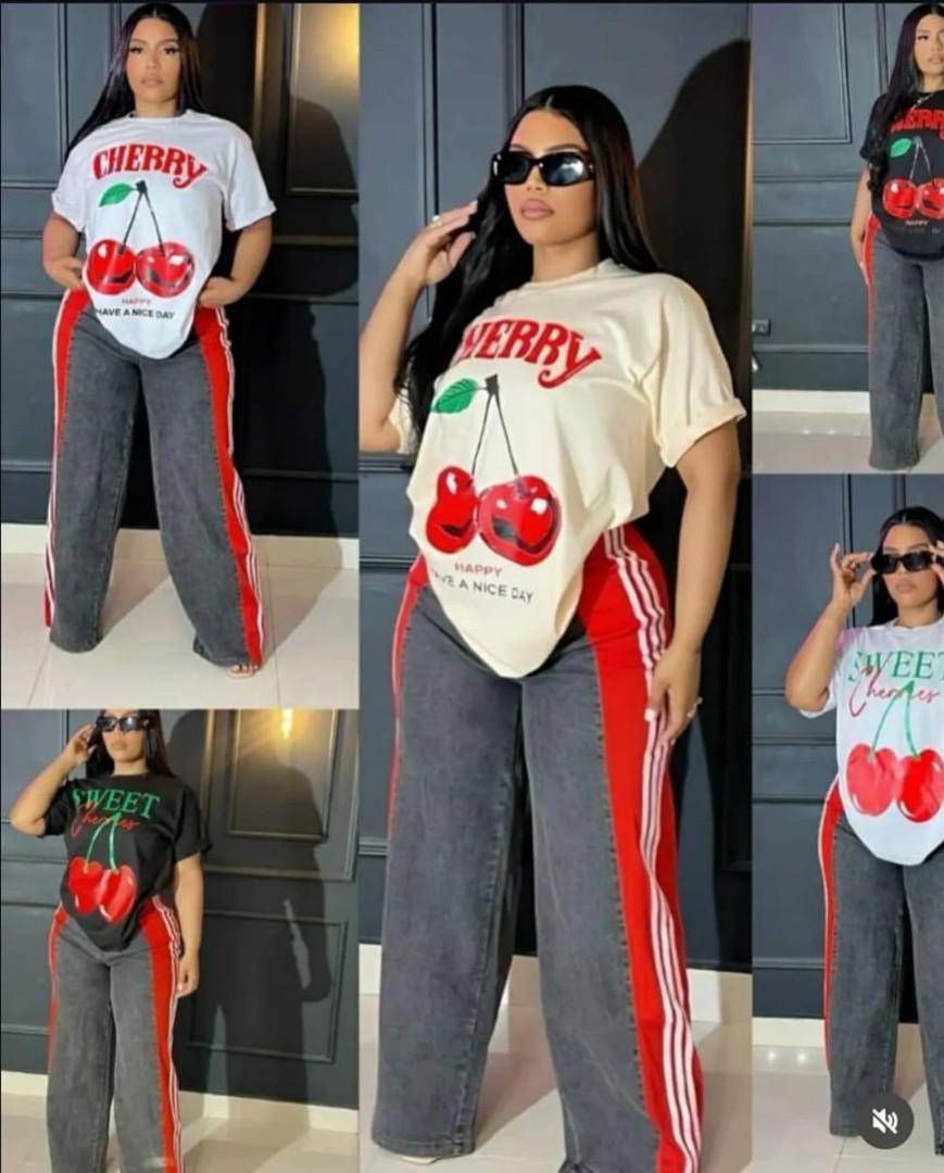 Trendy Women’s Cherry Graphic Oversized T-Shirt and High-Waist Wide-Leg Jeans with Red Side Stripes – Casual Streetwear Outfit Set for Confident Stylish Ladies Who Love Comfort and Fashion Daily
