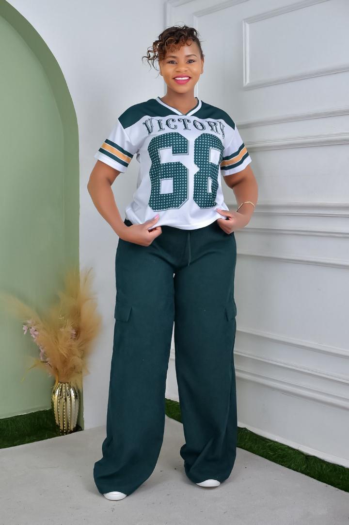 Victory 68 Sportswear Two-Piece Set – Trendy Short Sleeve Jersey Top with Number Print and Matching Cargo Pants, Casual Streetwear Outfit for Women in Black, Green, Pink, and More Colors