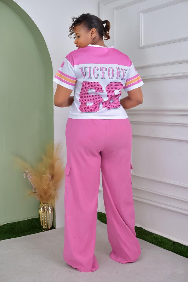 Victory 68 Sportswear Two-Piece Set – Trendy Short Sleeve Jersey Top with Number Print and Matching Cargo Pants, Casual Streetwear Outfit for Women in Black, Green, Pink, and More Colors