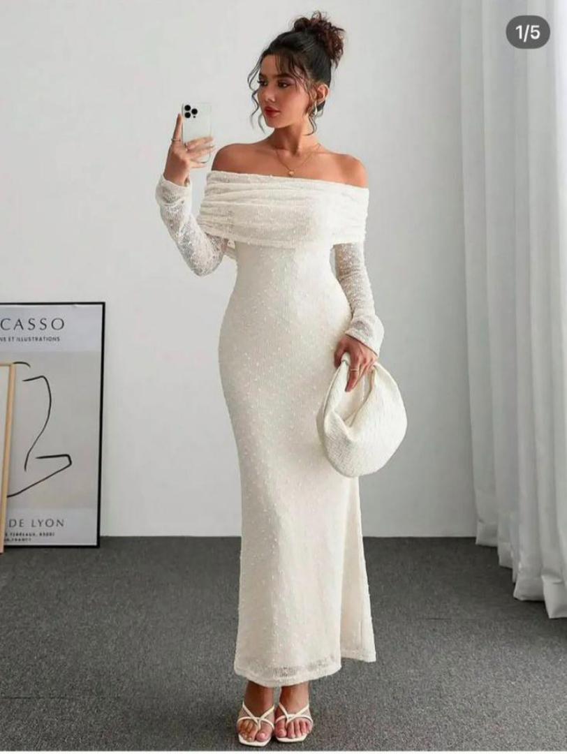 Elegant Off-Shoulder White Maxi Dress for Women – Long Sleeve Slim Fit Gown with Draped Neckline, Shimmer Detailing, and Floor-Length Hem – Perfect for Parties, Weddings, Evenings & Special Events