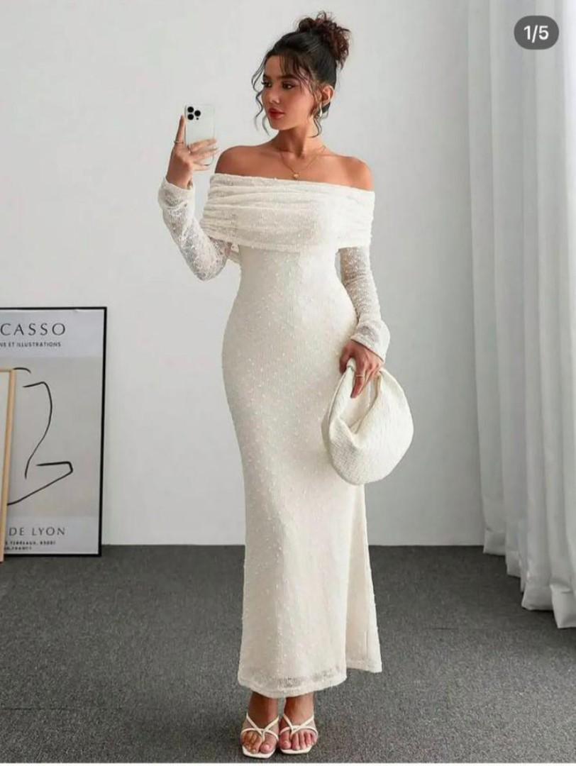 Elegant Off-Shoulder White Maxi Dress for Women – Long Sleeve Slim Fit Gown with Draped Neckline, Shimmer Detailing, and Floor-Length Hem – Perfect for Parties, Weddings, Evenings & Special Events