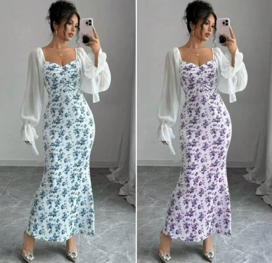 Elegant Floral Print Maxi Dress for Women – Off Shoulder Summer Beach Sundress with Ruched Bust and Flowing Fit, Available in Green, Red, Purple, and Blue – Casual Chic Boho Long Dress