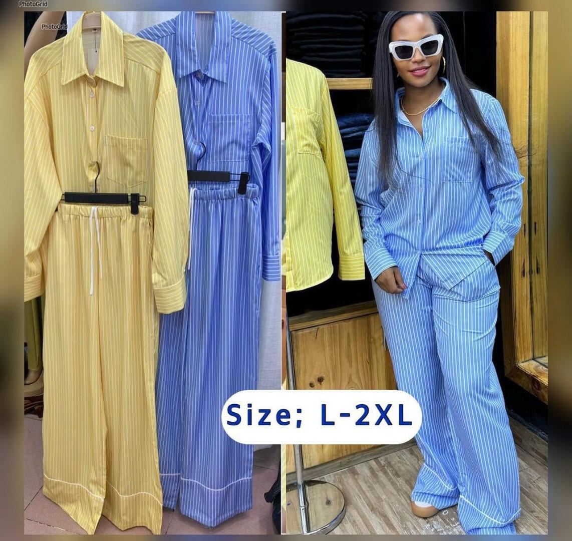 Casual Two-Piece Women’s Striped Lounge Set – Long Sleeve Button Down Shirt with Chest Pocket and Matching Wide Leg Pants – Relaxed Fit, Soft Fabric, Versatile Outfit for Home, Travel, Errands & Casua