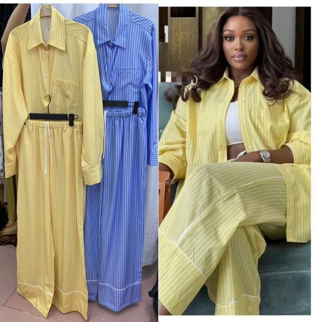 Casual Two-Piece Women’s Striped Lounge Set – Long Sleeve Button Down Shirt with Chest Pocket and Matching Wide Leg Pants – Relaxed Fit, Soft Fabric, Versatile Outfit for Home, Travel, Errands & Casua