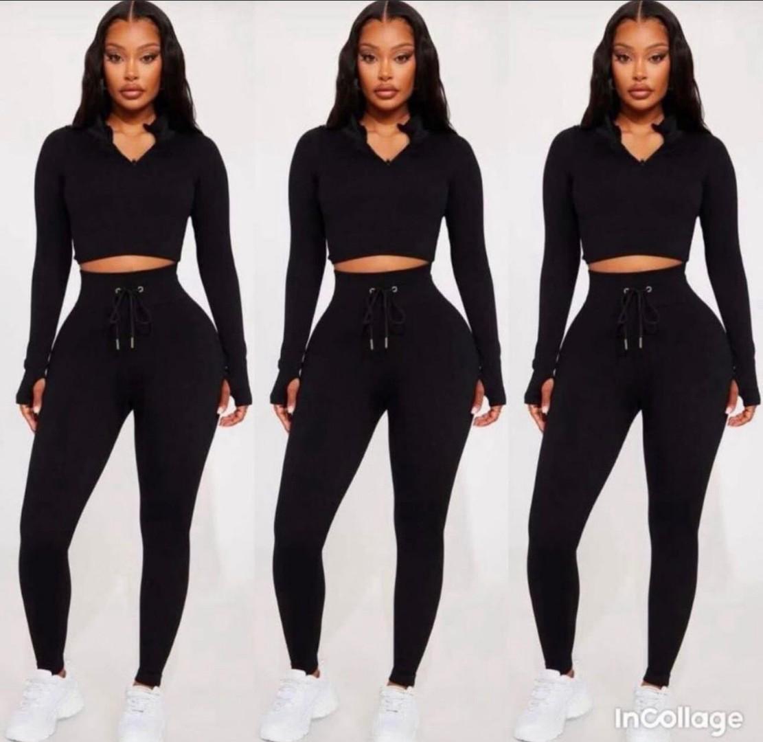 Women's 2 Piece Set – Long Sleeve Crop Top and High Waisted Drawstring Leggings, Casual Slim Fit Tracksuit, Stretchy Athleisure Outfit for Gym, Lounge, Running, Fitness, Yoga and Everyday Wear