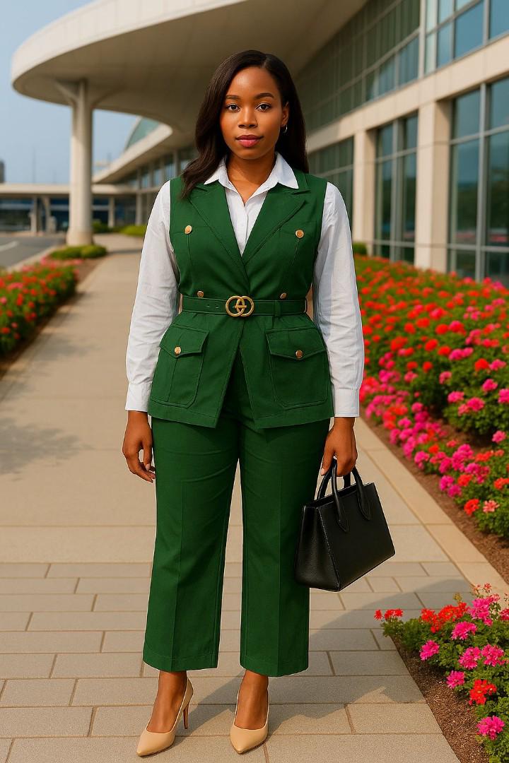 Women’s Elegant Brown Two-Piece Pant Suit with Sleeveless Blazer, Gold Button Detail, Belted Waist and Straight-Leg Trousers – Chic Office Wear Set for Business, Work, Meetings and Formal Events