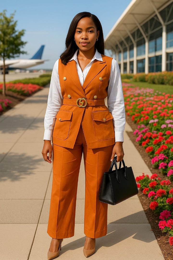 Women’s Elegant Brown Two-Piece Pant Suit with Sleeveless Blazer, Gold Button Detail, Belted Waist and Straight-Leg Trousers – Chic Office Wear Set for Business, Work, Meetings and Formal Events