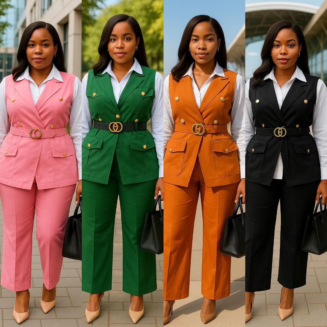 Women’s Elegant Brown Two-Piece Pant Suit with Sleeveless Blazer, Gold Button Detail, Belted Waist and Straight-Leg Trousers – Chic Office Wear Set for Business, Work, Meetings and Formal Events