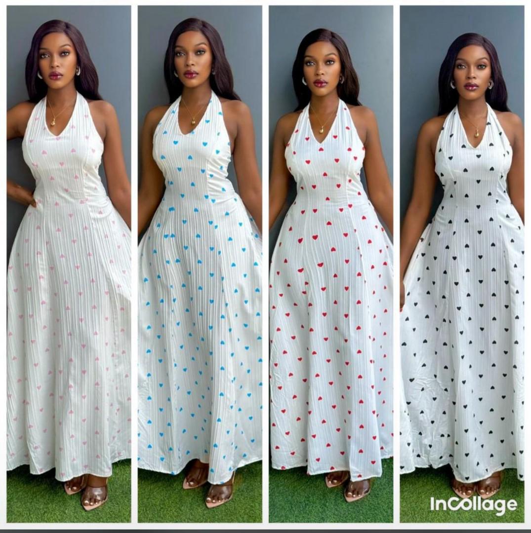 Elegant Women’s Halter Neck Maxi Dress – Sleeveless Long Flowy Gown with Cute Heart Print Pattern in Pink, Blue, Red, and Black – Stylish Casual Summer Outfit for Vacations, Parties, Beachwear & Daily