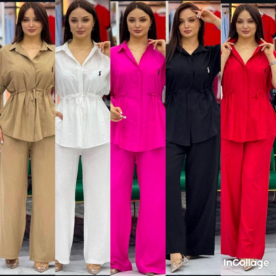 Elegant Two-Piece Women’s Set – Stylish Drawstring Shirt & Wide-Leg Pants | Perfect for Casual, Office & Travel Wear | Available in Beige, White, Hot Pink, Black & Red | Soft, Breathable & Chic Outfit