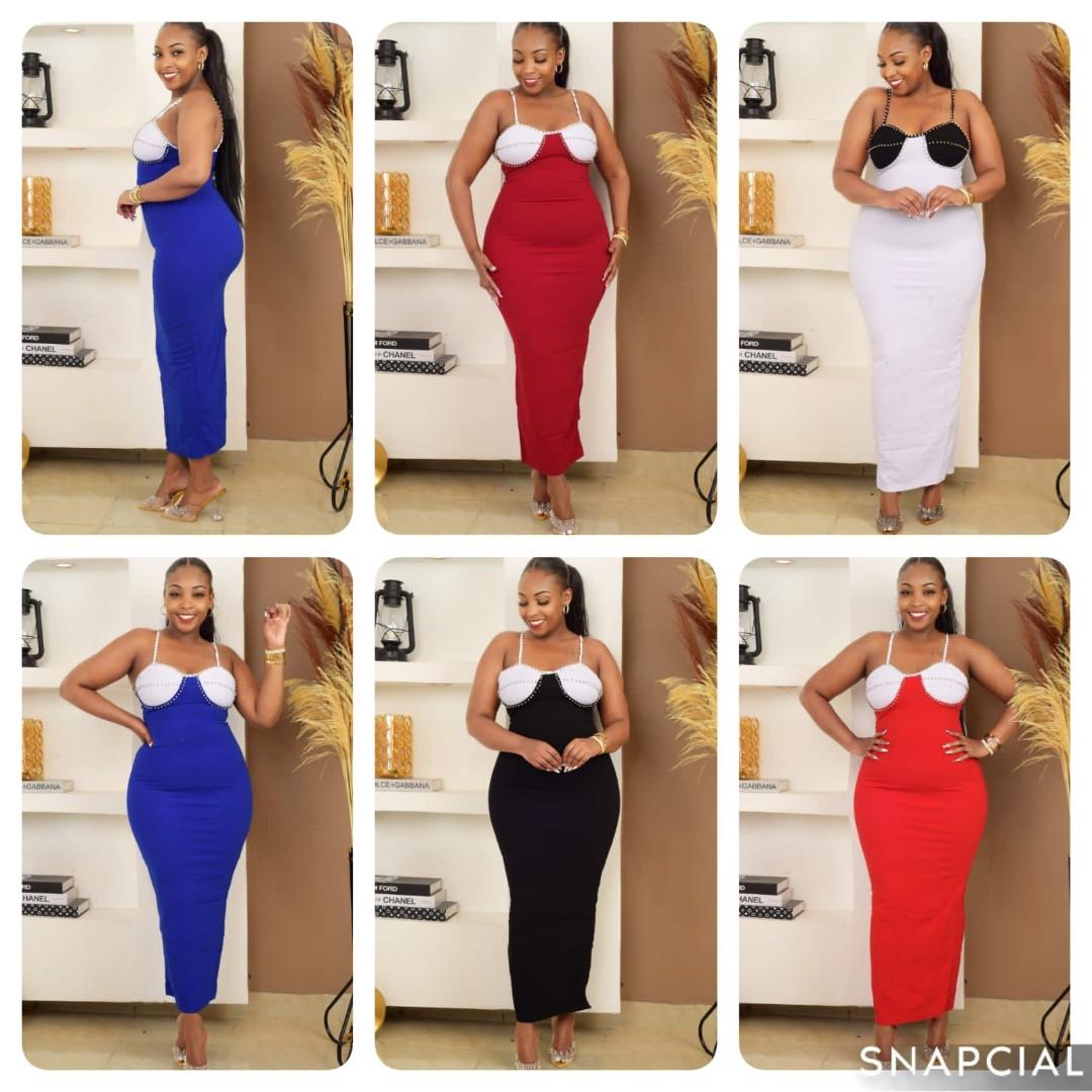 Elegant Bodycon Midi Dress for Women – Two-Tone Bustier Design with Spaghetti Straps | Chic, Sexy, and Classy Evening or Party Outfit | Available in Red, Blue, White, and Black – Perfect Curve-Fit Sty