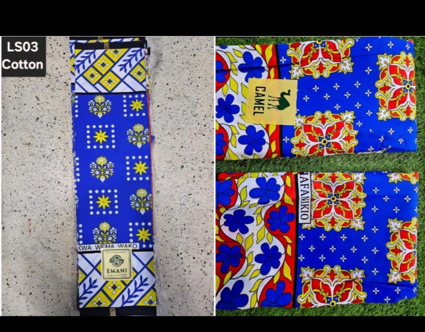 Vibrant LS03 Cotton Kitenge – Premium quality 100% cotton African fabric with bold blue, red, and yellow floral patterns. Perfect for dresses, skirts, shirts, and crafts. Soft, durable, and eye-catchi