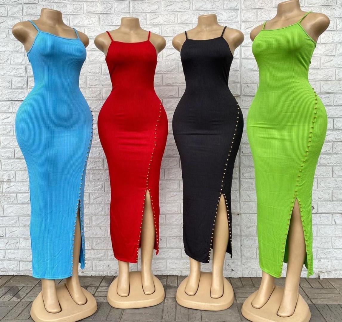 Sexy Bodycon Ribbed Maxi Dress for Women – Sleeveless Spaghetti Strap Slim Fit Evening Party Dress with Side Slit and Button Detail – Summer Clubwear Outfit Available in Blue, Red, Black & Green Color