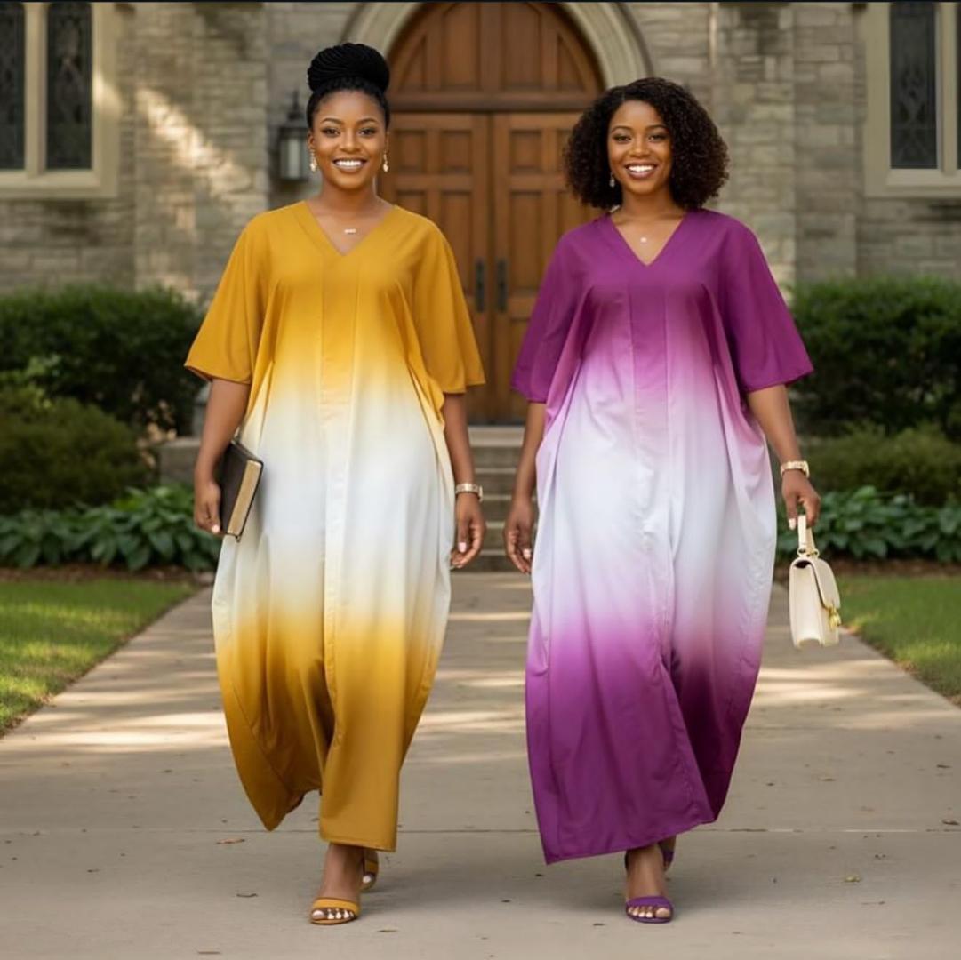 Elegant Women’s Two-Tone Ombre Kaftan Dress – Premium Free-Size Flowing Gown with Short Sleeves, Soft Lightweight Fabric, Perfect for Casual Outings, Events, Travel, and Everyday Comfortable Luxury We