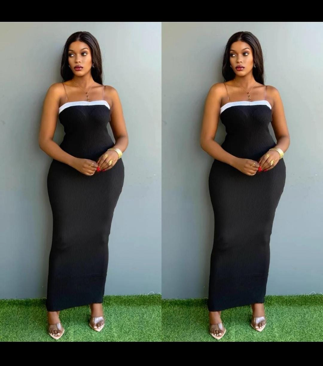 Elegant Black Ribbed Bodycon Maxi Dress with Contrast White Trim, Slim Fit Silhouette, Adjustable Spaghetti Straps, Stretch Fabric for Comfort, Perfect for Evening Wear, Parties, Dinners, Casual Chic