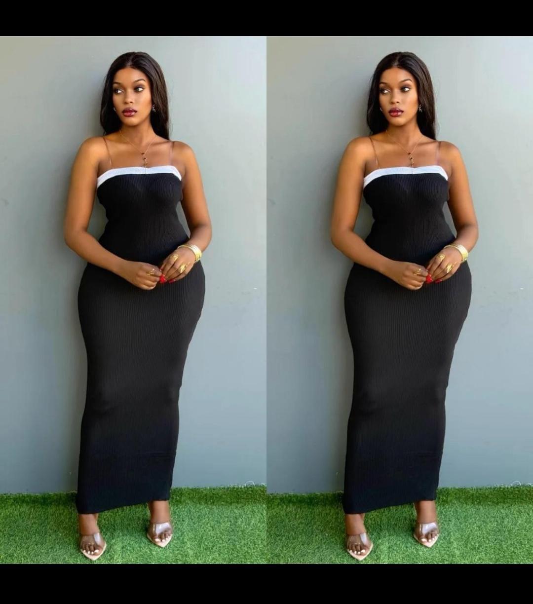 Elegant Black Ribbed Bodycon Maxi Dress with Contrast White Trim, Slim Fit Silhouette, Adjustable Spaghetti Straps, Stretch Fabric for Comfort, Perfect for Evening Wear, Parties, Dinners, Casual Chic