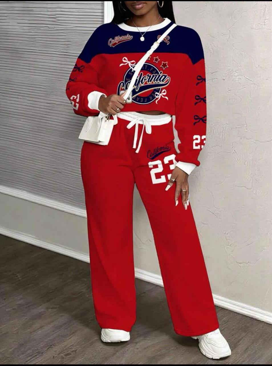 Women’s Sporty Two-Piece Matching Set – Long Sleeve Graphic Crop Sweatshirt & High-Waist Drawstring Jogger Pants with California Print, Soft Cozy Fabric, Trendy Streetwear Lounge Outfit for Casual Wea
