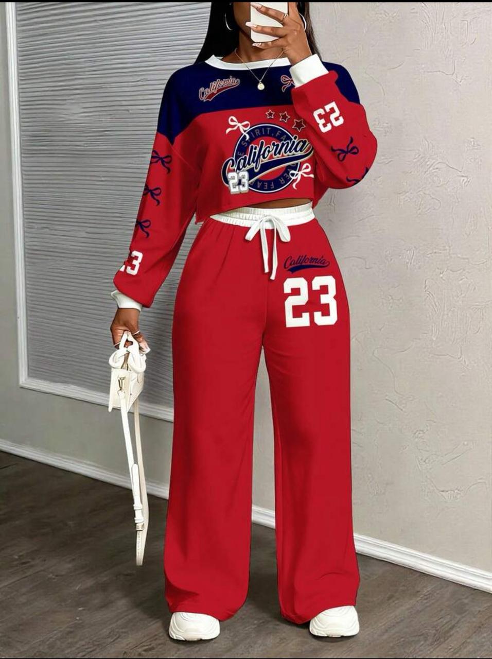Women’s Sporty Two-Piece Matching Set – Long Sleeve Graphic Crop Sweatshirt & High-Waist Drawstring Jogger Pants with California Print, Soft Cozy Fabric, Trendy Streetwear Lounge Outfit for Casual Wea