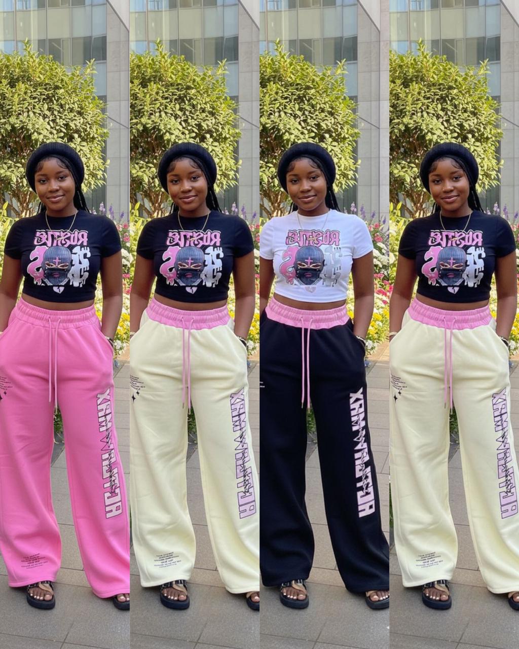 Premium Women’s Graphic Crop Top & High-Waist Wide-Leg Jogger Set – Trendy Streetwear Two-Piece Outfit with Soft Fabric, Relaxed Fit, Elastic Waist Pants, Stylish Print, Casual Chic Look for Everyday