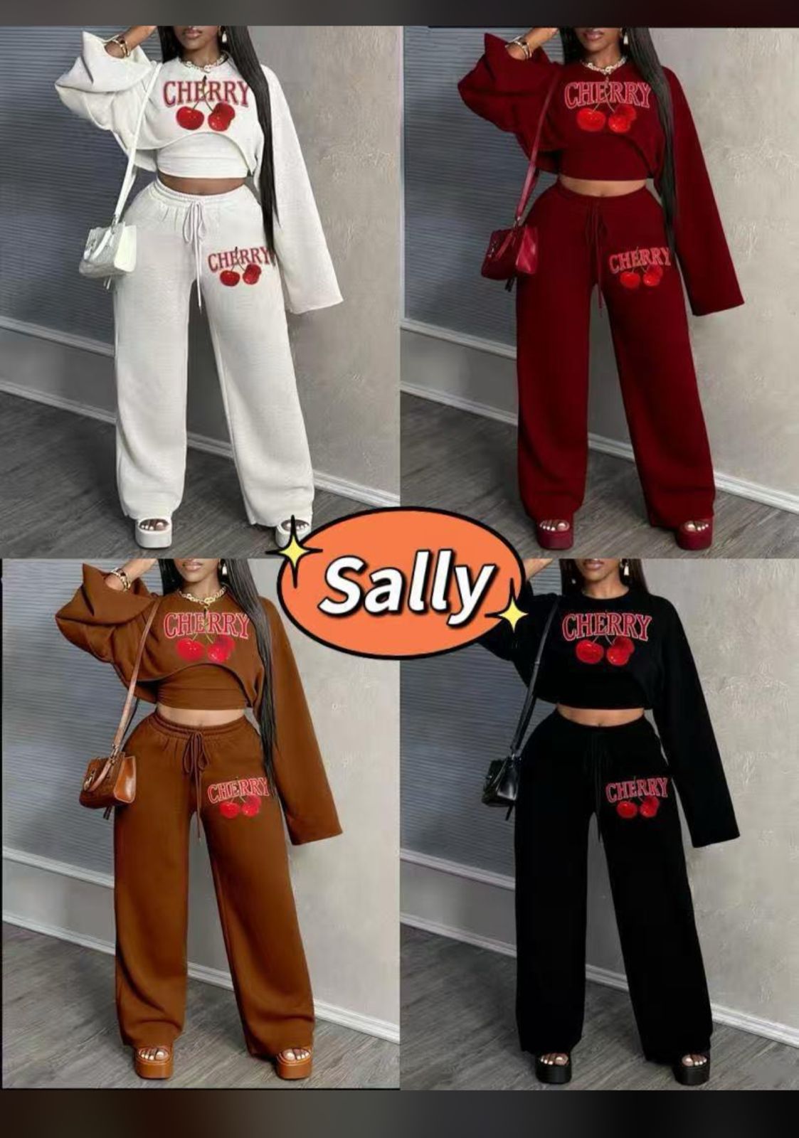 Cherry Luxe Two-Piece Lounge Set – Trendy Crop Sweatshirt & Wide-Leg Joggers with Bold Cherry Print, Soft Cozy Fabric, Street-Style Chic, Perfect for Casual Wear, Travel, or Everyday Fashion