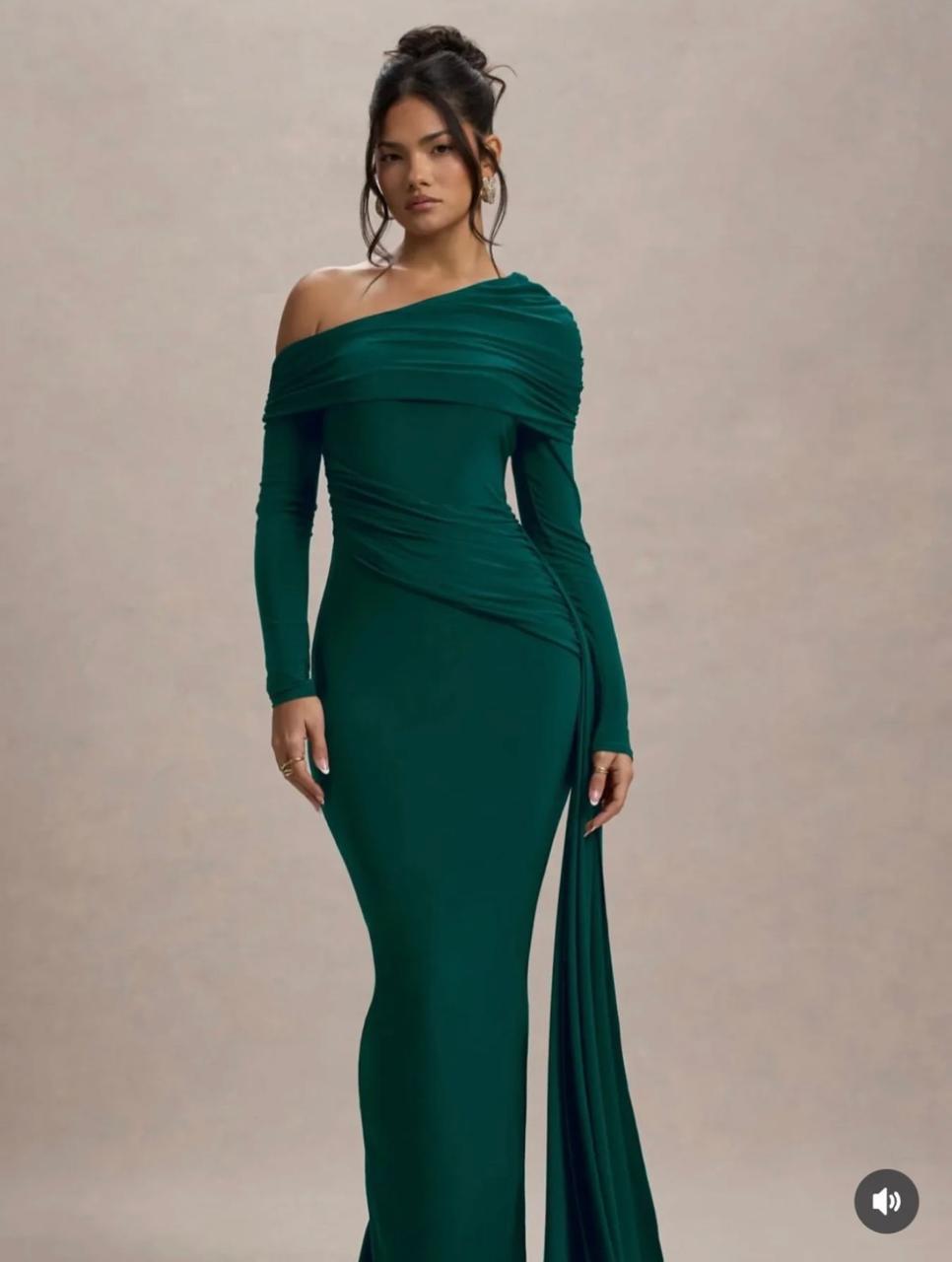 Elegant One-Shoulder Bodycon Maxi Dress for Women – Long Sleeve Ruched Waist Design with Flowy Side Drape, Stretchy Soft Fabric, Figure-Hugging Fit, Perfect for Evening Parties, Weddings, Dates, and S