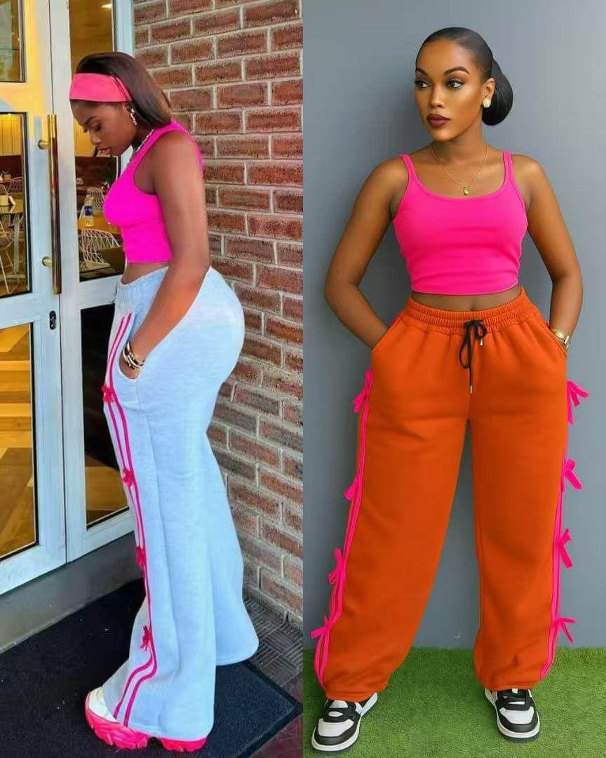 Hot Pink Crop Top and Bow Stripe Wide Leg Jogger Set, Trendy Casual Chic Two Piece Outfit for Women, Comfortable High Waist Pants, Stylish Athleisure Look for Streetwear, Lounge or Day Out