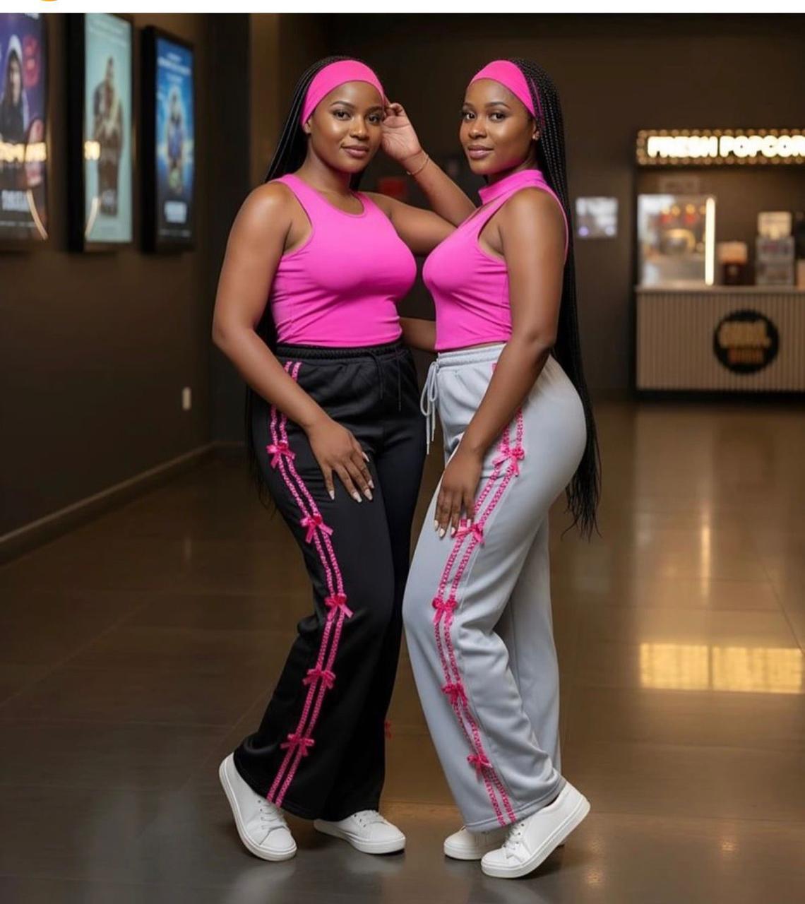 Hot Pink Crop Top and Bow Stripe Wide Leg Jogger Set, Trendy Casual Chic Two Piece Outfit for Women, Comfortable High Waist Pants, Stylish Athleisure Look for Streetwear, Lounge or Day Out