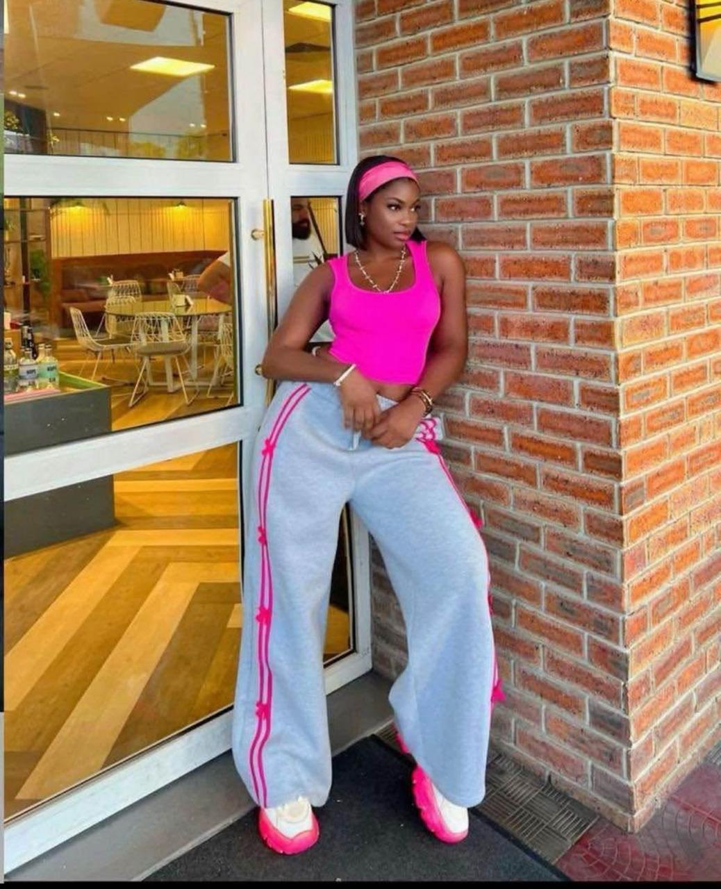 Hot Pink Crop Top and Bow Stripe Wide Leg Jogger Set, Trendy Casual Chic Two Piece Outfit for Women, Comfortable High Waist Pants, Stylish Athleisure Look for Streetwear, Lounge or Day Out