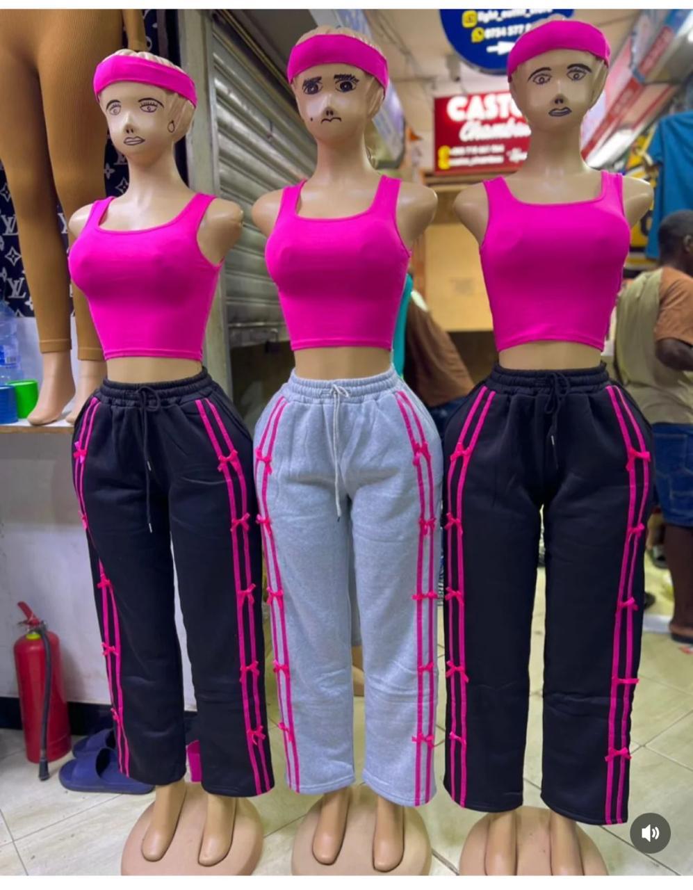 Hot Pink Crop Top and Bow Stripe Wide Leg Jogger Set, Trendy Casual Chic Two Piece Outfit for Women, Comfortable High Waist Pants, Stylish Athleisure Look for Streetwear, Lounge or Day Out